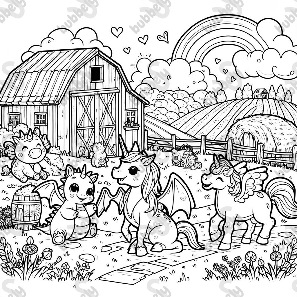 Dragons and unicorns are having a whimsical adventure on a farm. Dragons and unicorns are having a whimsical adventure on a farm.