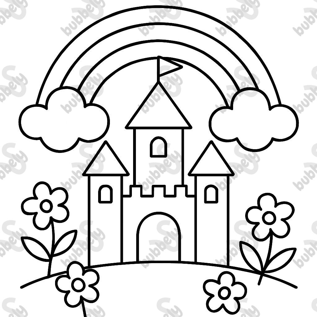 un arcoíris, un castillo, nubes y flores un arcoíris, un castillo, nubes y flores