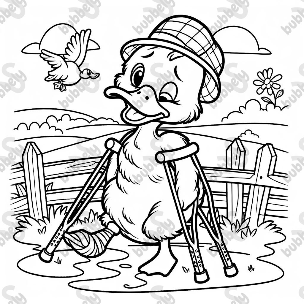 Un canard avec une jambe cassée et un aile cassée et des béquilles Un canard avec une jambe cassée et un aile cassée et des béquilles