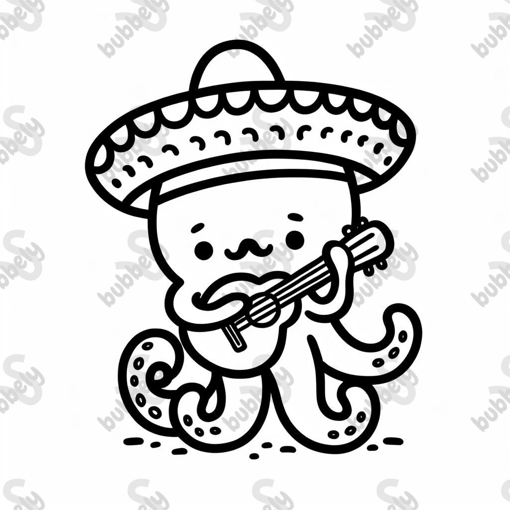 einen Oktopus mit Gitarre und Sombrero