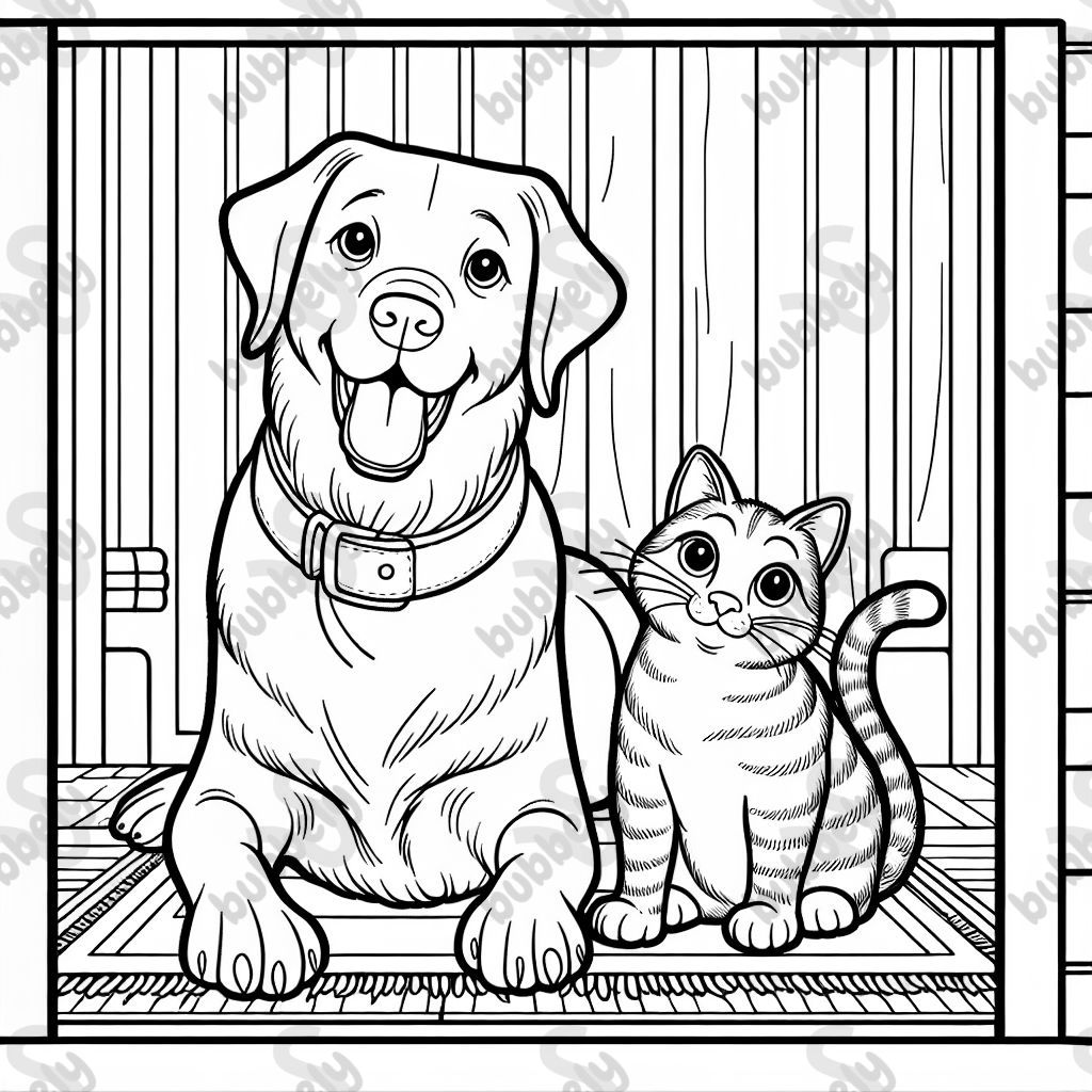 A tabby cat and a Labrador Retriever are depicted together in a scene. This illustration offers children the chance to express their creativity through coloring. A tabby cat and a Labrador Retriever are depicted together in a scene. This illustration offers children the chance to express their creativity through coloring.