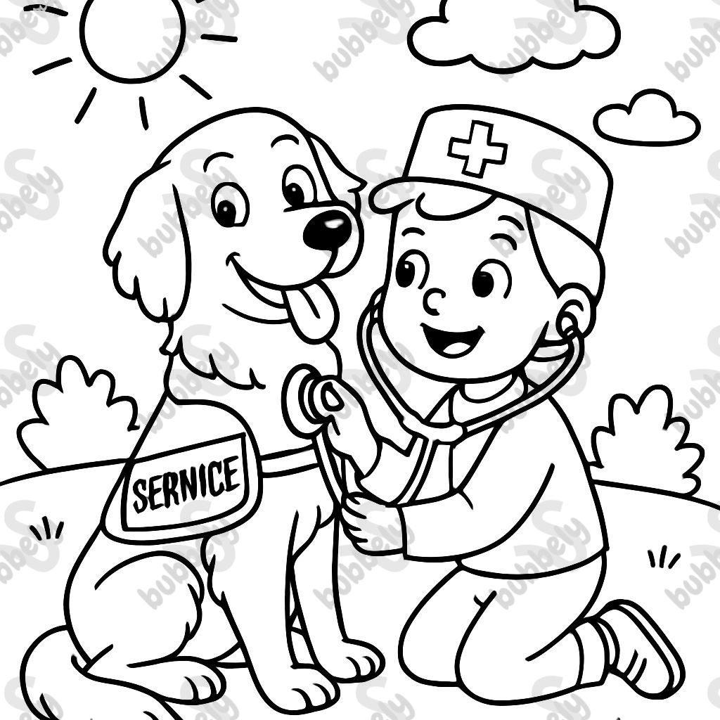 Un golden retriever en gilet de service laissant un enfant jouer au docteur. Un golden retriever en gilet de service laissant un enfant jouer au docteur.