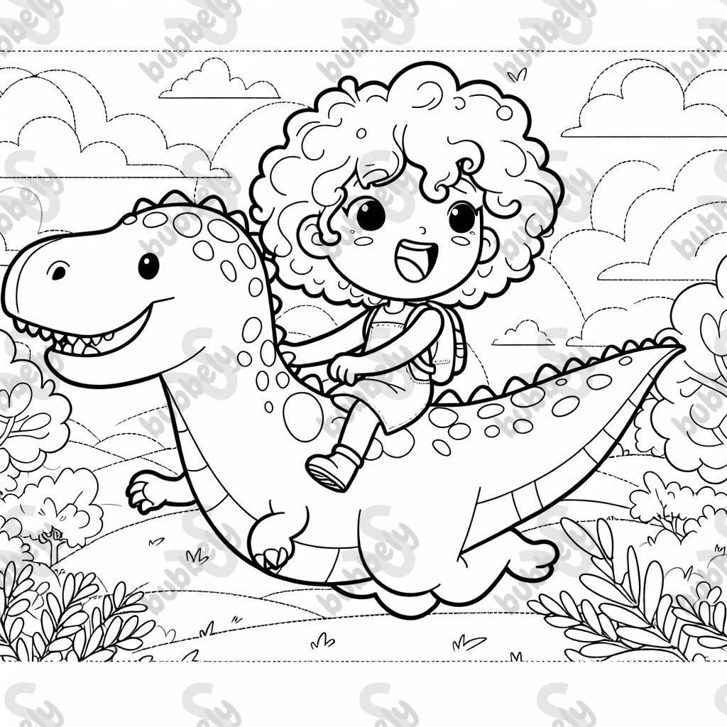 Une fille bouclée avec des cheveux mi-longs chevauchant un dinosaure. Une fille bouclée avec des cheveux mi-longs chevauchant un dinosaure.