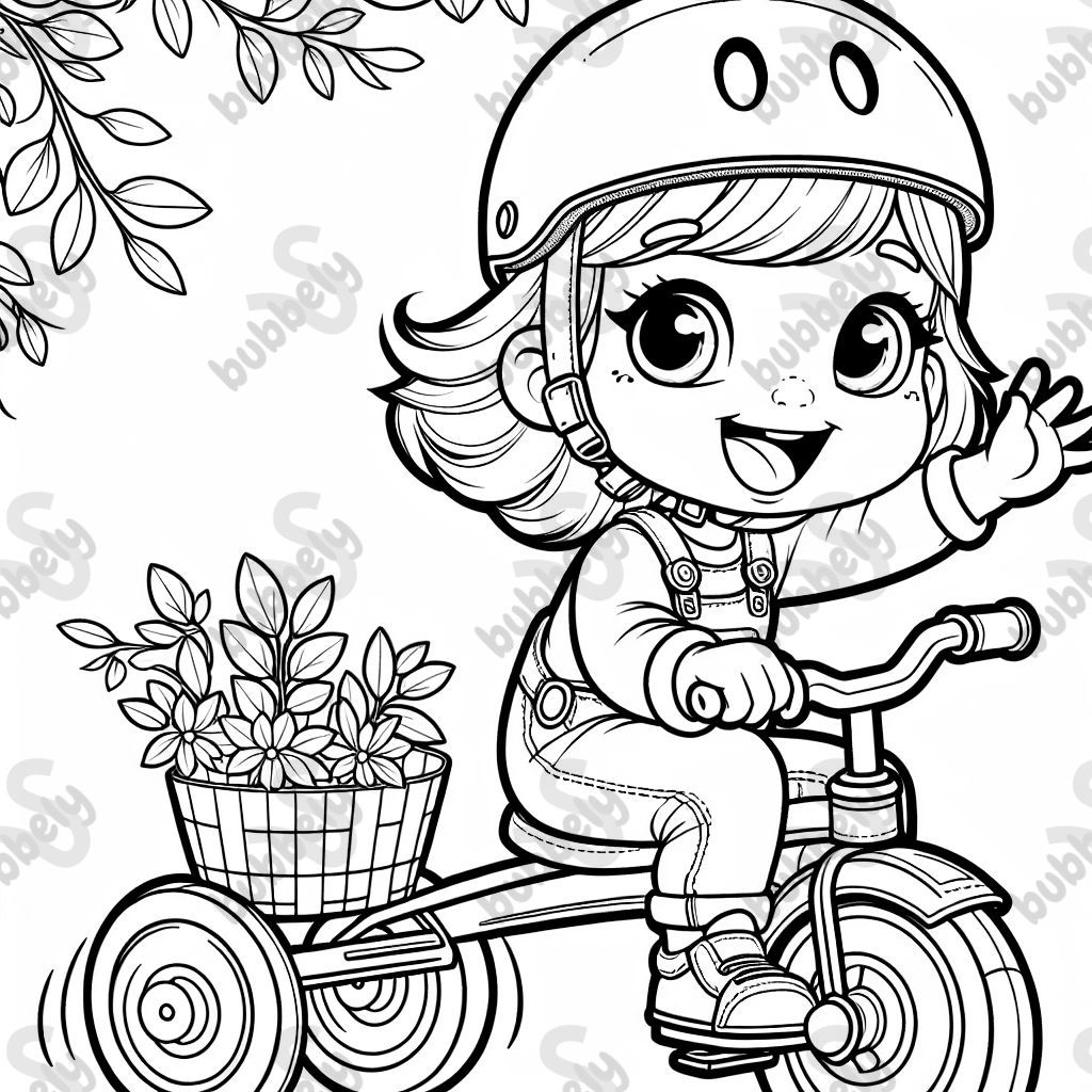 Petite fille blonde faisant du tricycle et portant un casque.