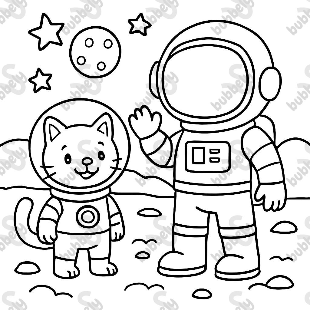 Eine Katze mit Raumanzug und ein Astronaut stehen auf dem Mars Eine Katze mit Raumanzug und ein Astronaut stehen auf dem Mars