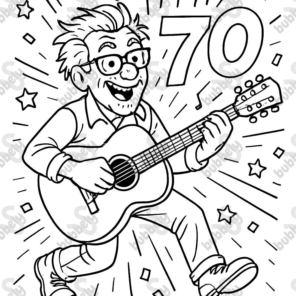 An older man, he plays guitar and celebrates his 70th birthday, he wears glasses and has somewhat messy hair An older man, he plays guitar and celebrates his 70th birthday, he wears glasses and has somewhat messy hair