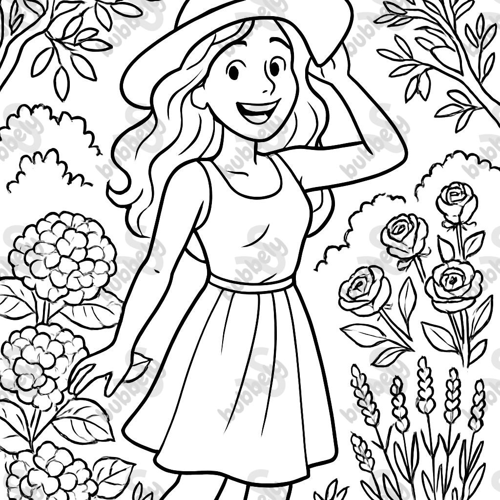 Mujer (28 años) con cabello largo y ondulado y sombrero de sol. Lleva un vestido de verano y está en el jardín. Alrededor de ella hay hortensias, rosas, lavanda y olivos. Mujer (28 años) con cabello largo y ondulado y sombrero de sol. Lleva un vestido de verano y está en el jardín. Alrededor de ella hay hortensias, rosas, lavanda y olivos.