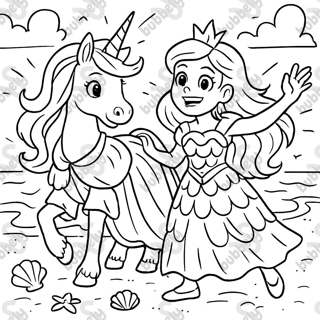 Un unicorn sur ses pattes avant portant une robe de princesse, et à côté se trouve une princesse en robe de coquillage. Elles sont à la plage. Un unicorn sur ses pattes avant portant une robe de princesse, et à côté se trouve une princesse en robe de coquillage. Elles sont à la plage.
