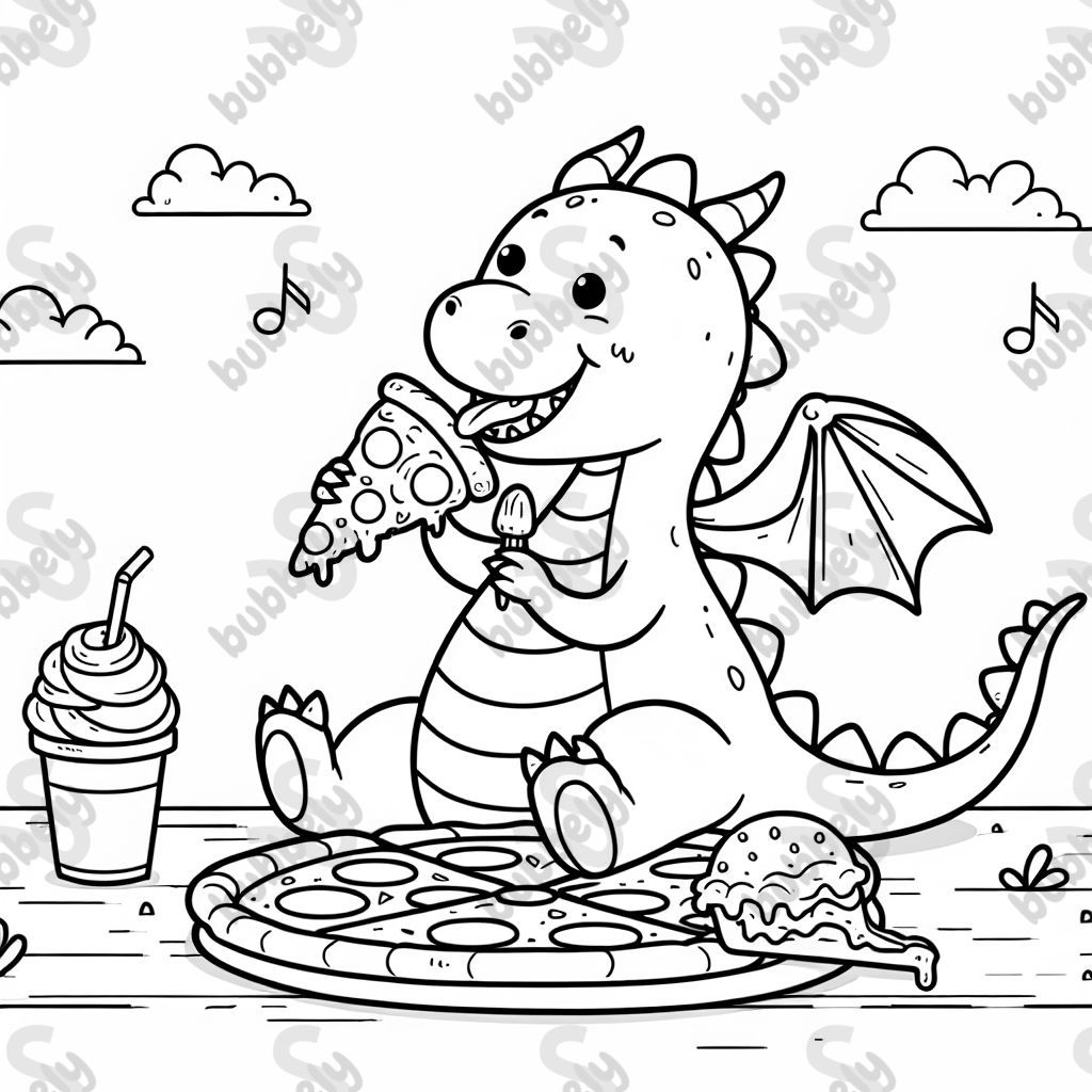 Un dragon mange une pizza et un sandwich glacé. Un dragon mange une pizza et un sandwich glacé.