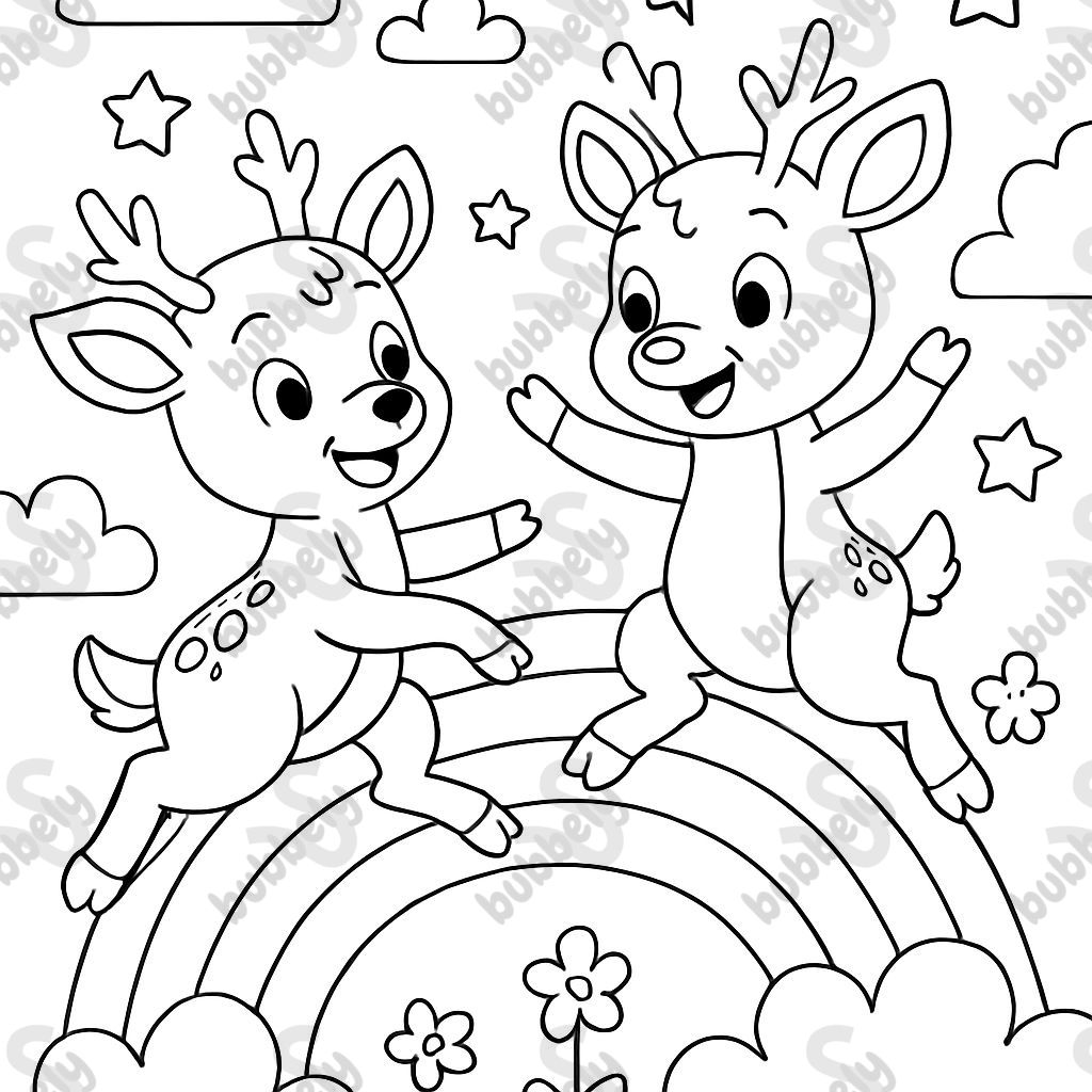 Zwei Rehe spielen zusammen auf einem Regenbogen. Zwei Rehe spielen zusammen auf einem Regenbogen.