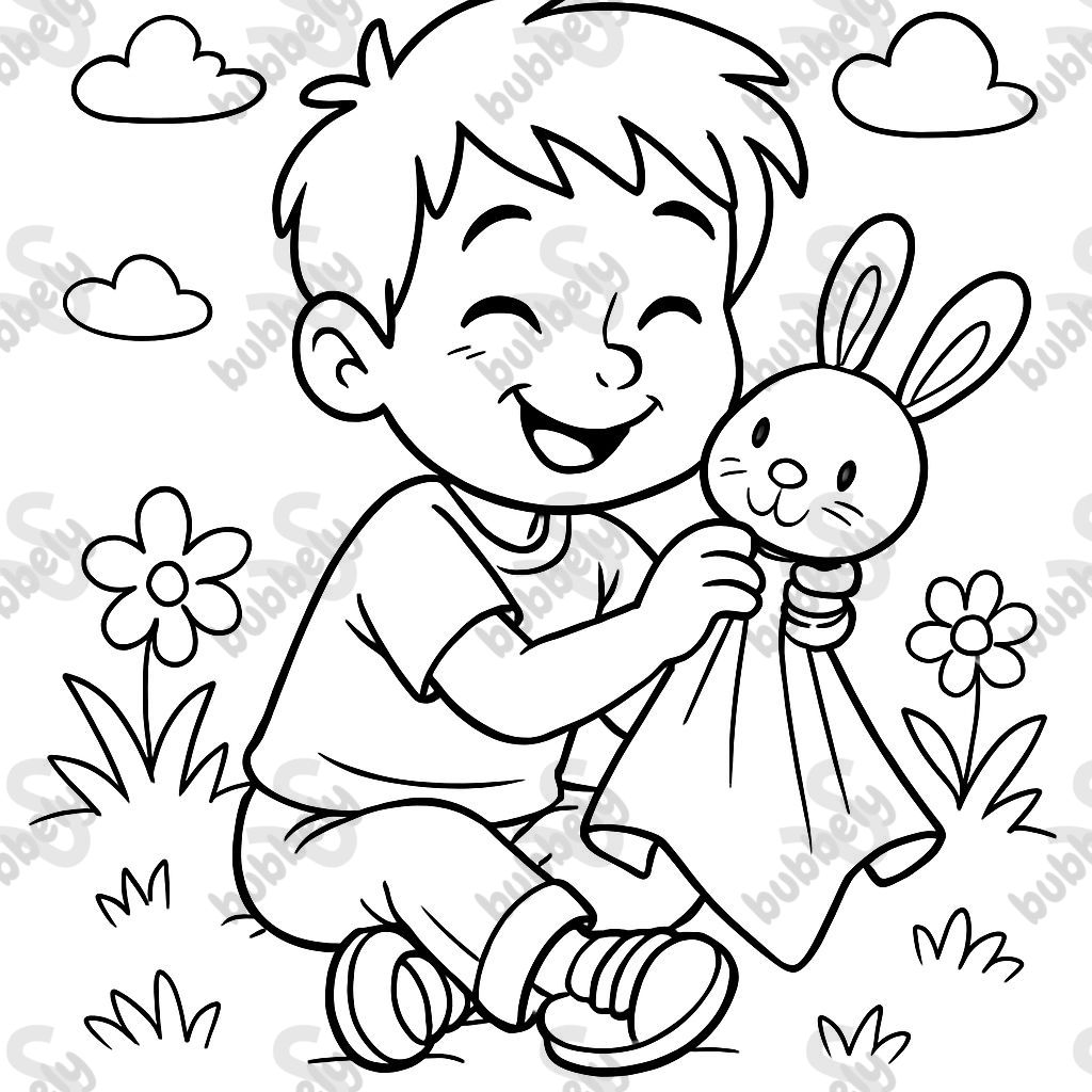 6 Jähriger Junge kuschelt mit Hasen-Schnuffeltuch 6 Jähriger Junge kuschelt mit Hasen-Schnuffeltuch