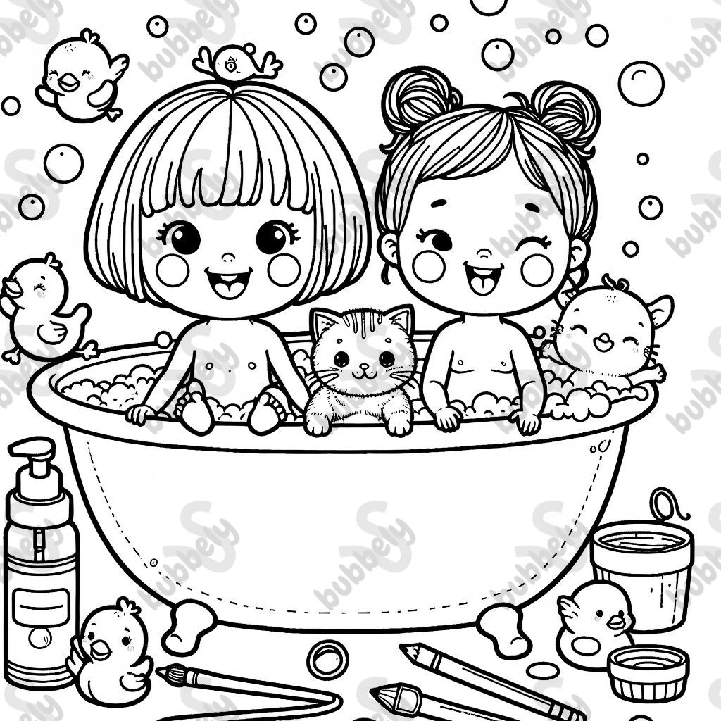 A kitty, a little girl, and a baby in a bath.