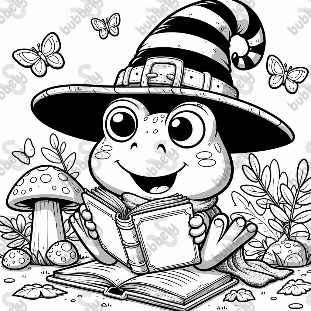 Frosch liest ein Buch in einem Hexenhut