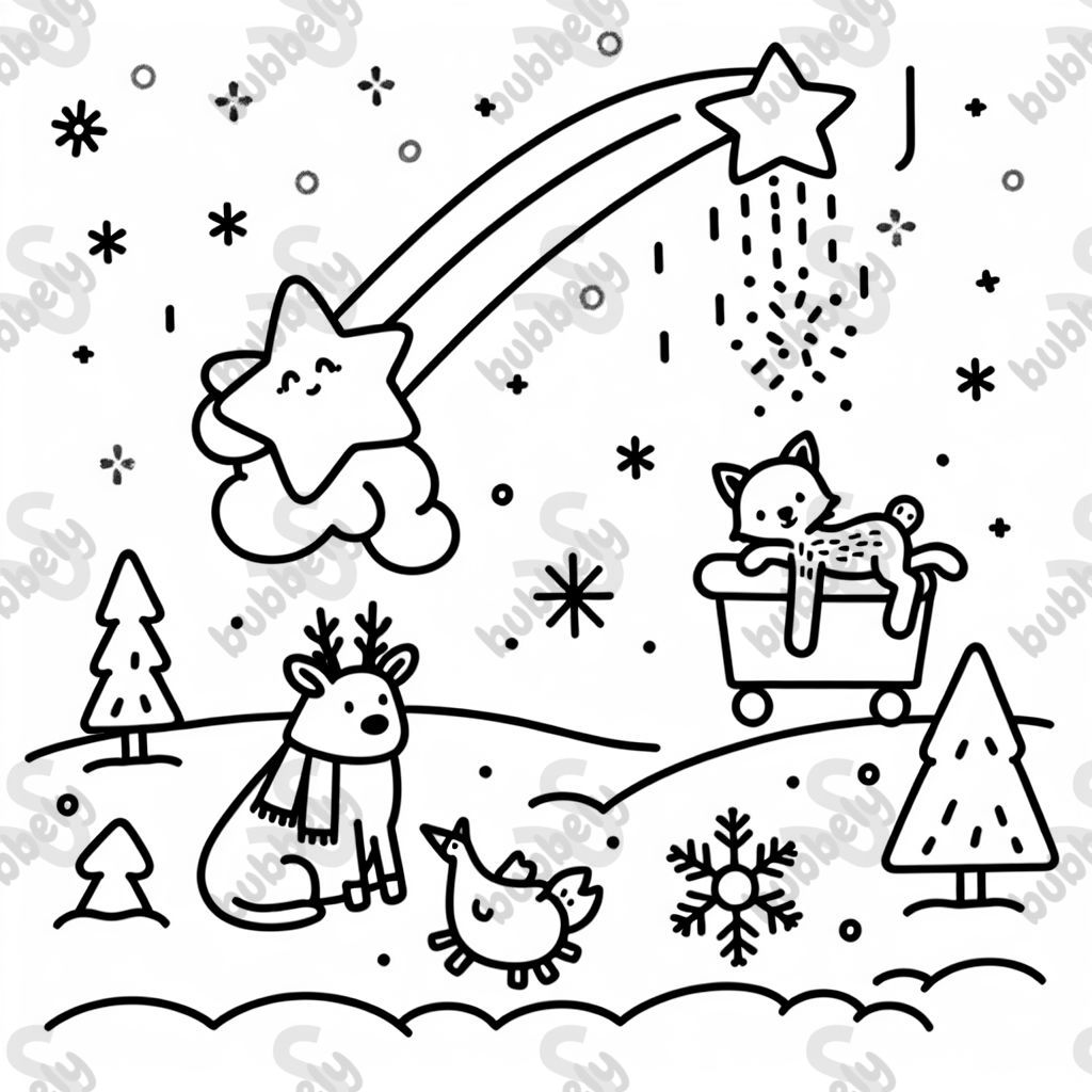 A fun and creative coloring page featuring a shooting star and winter animals. A fun and creative coloring page featuring a shooting star and winter animals.