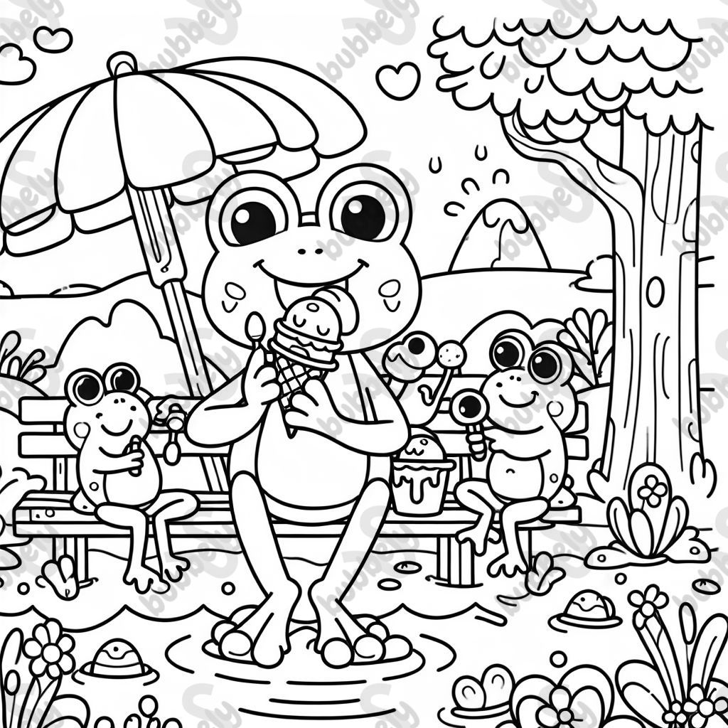 Une grenouille mangeant de la glace avec ses amis grenouilles Une grenouille mangeant de la glace avec ses amis grenouilles