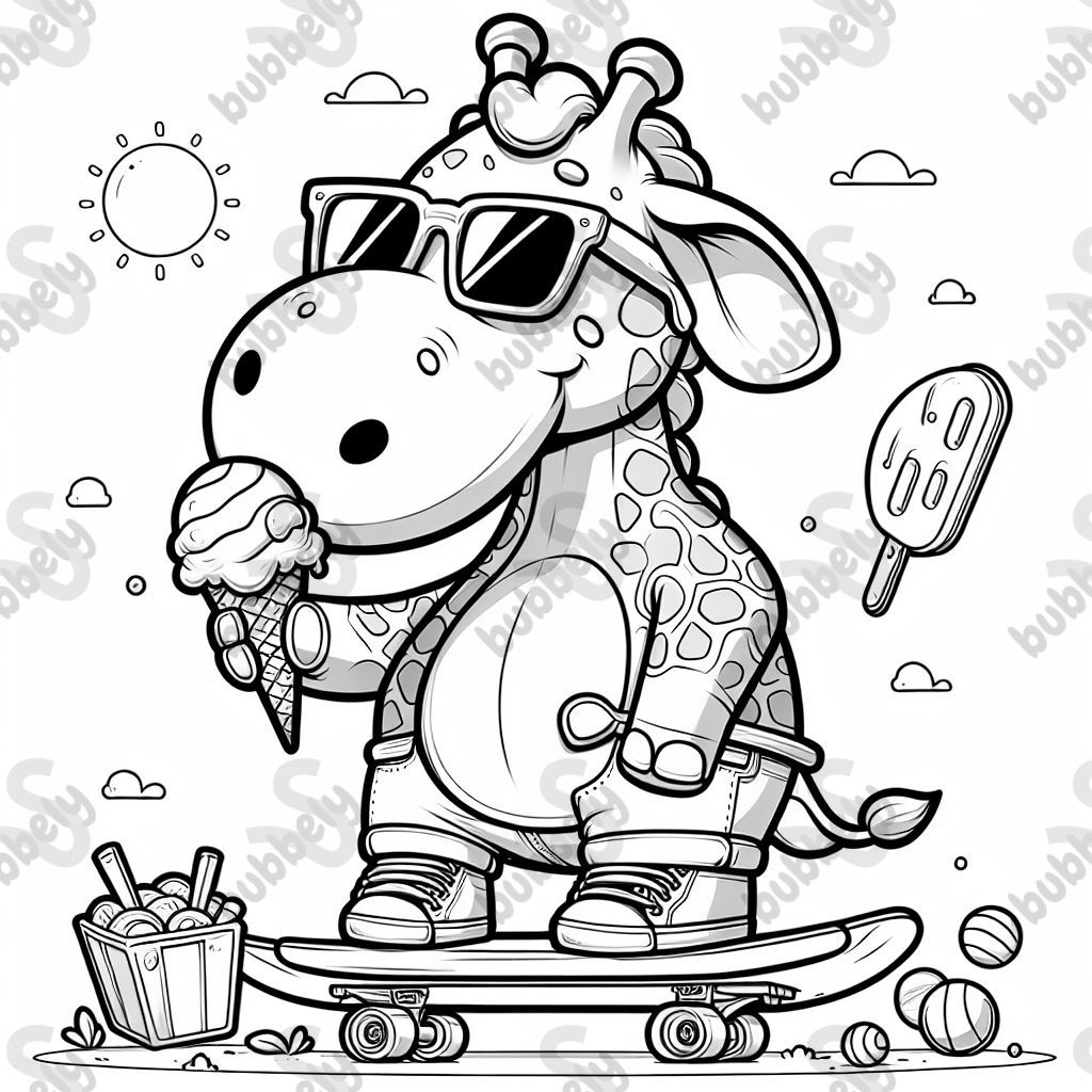 einen großen Giraffenelefanten auf einem Skateboard mit einem Eis in der Hand und einer Sonnenbrille einen großen Giraffenelefanten auf einem Skateboard mit einem Eis in der Hand und einer Sonnenbrille