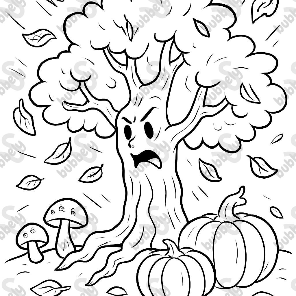 a tree losing its leaves with pumpkins and mushrooms at its feet a tree losing its leaves with pumpkins and mushrooms at its feet