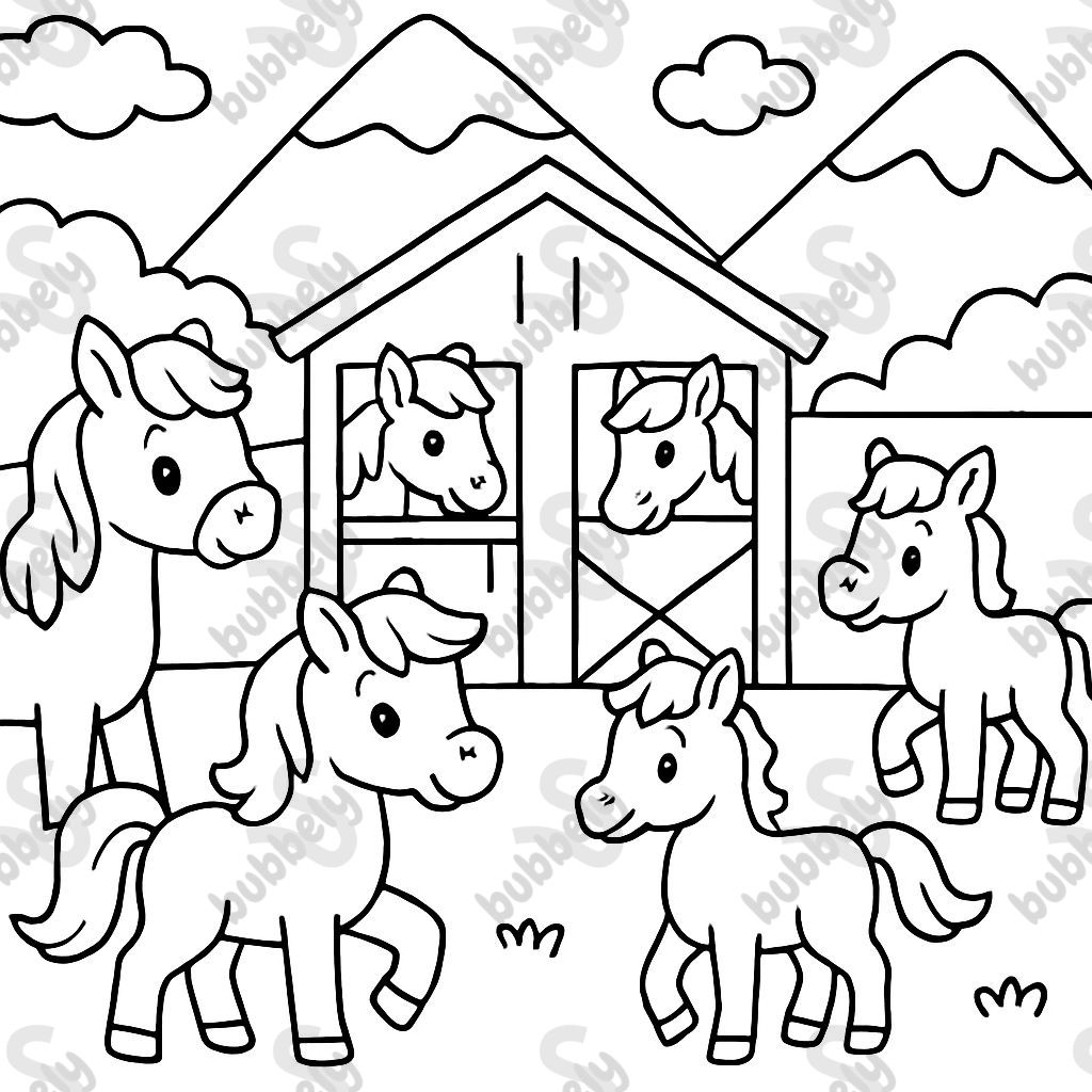 Stable with lots of horses all around and mountains behind Stable with lots of horses all around and mountains behind