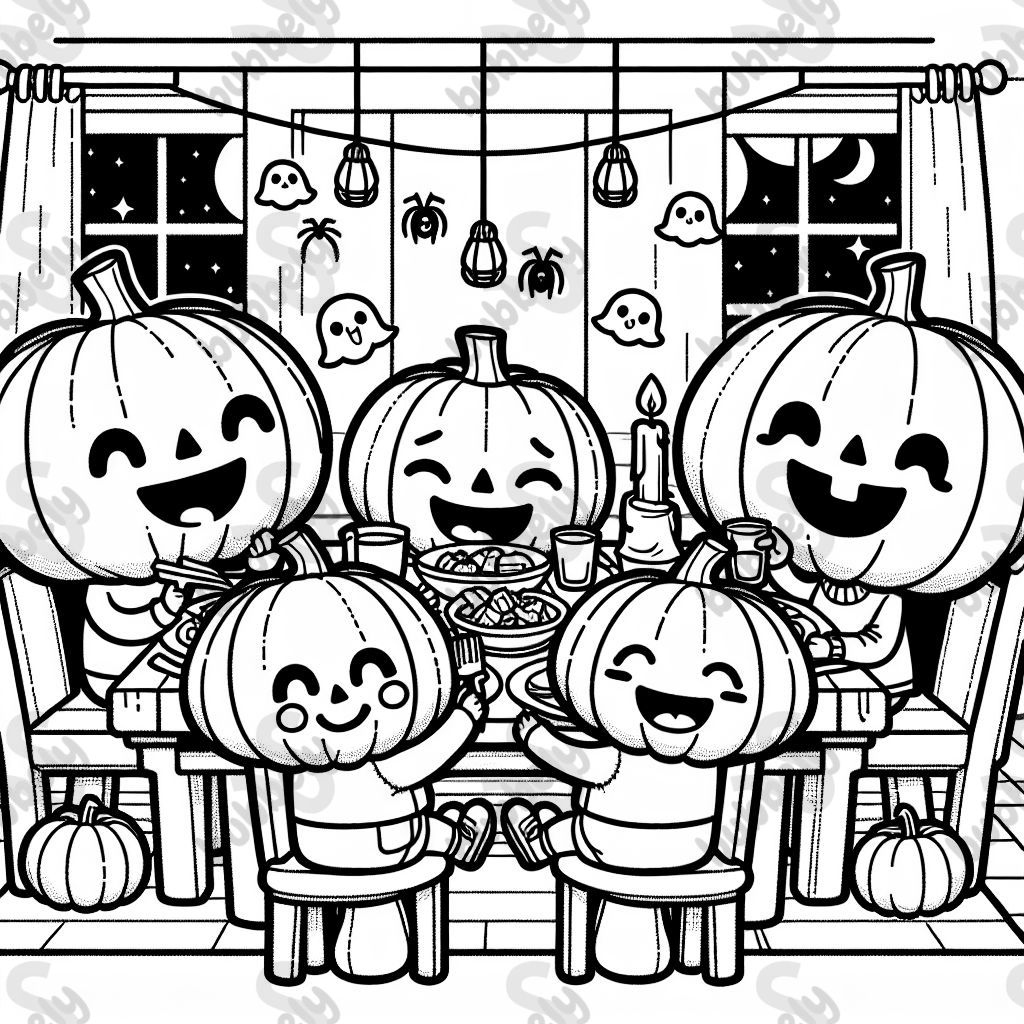 Coloring page for kids, drawing of a pumpkin family enjoying dinner on the Halloween night, Halloween themed, line art, simple classic cartoon style