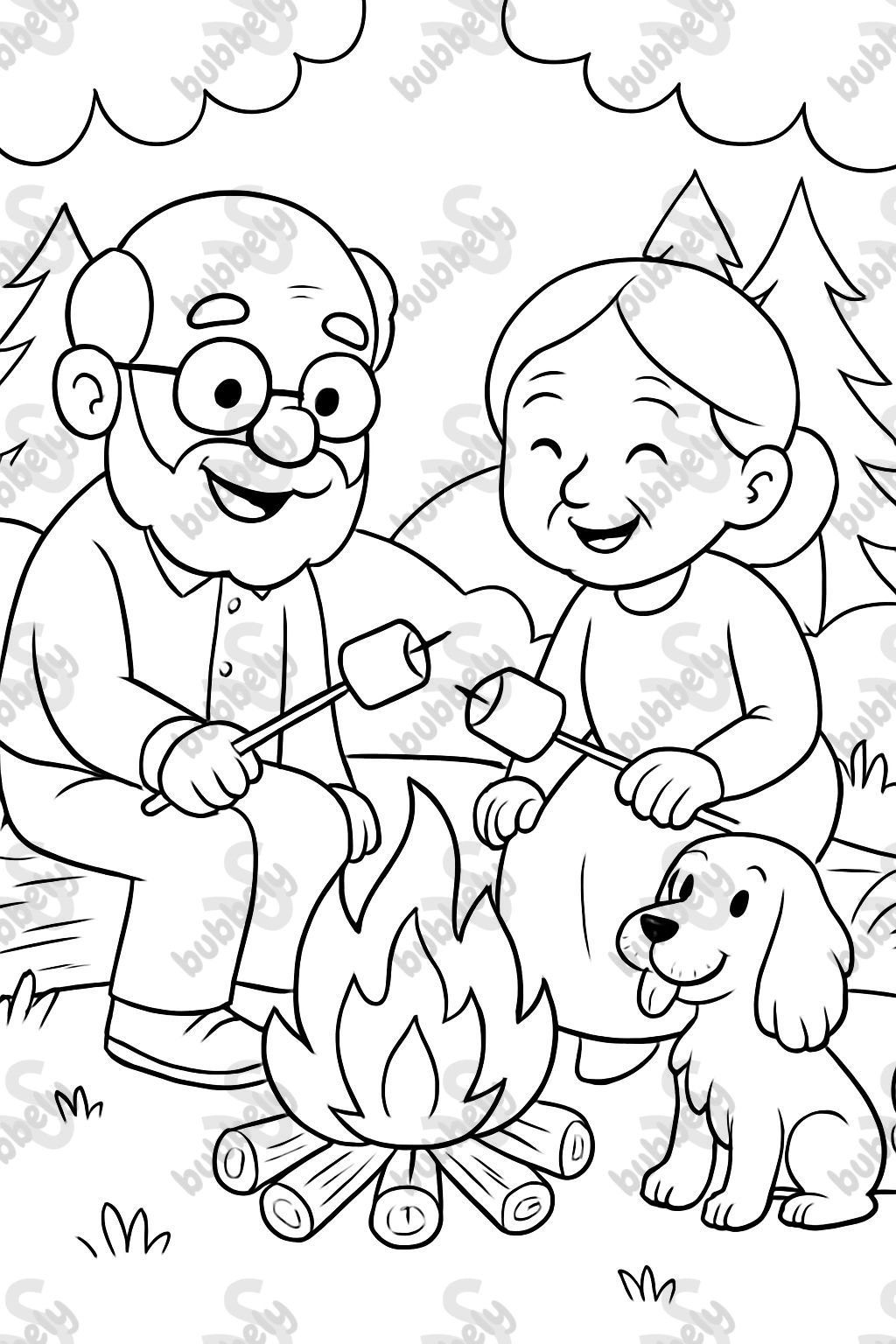 Opa mit einem Bart, Schnurrbart und Brille sowie einer Glatze. Oma mit zurückgezoogenem Haar zu einem niedrigen Knoten. Sie rösten Marshmallows am Lagerfeuer im Wald mit ihrem Cocker Spaniel Hund. Opa mit einem Bart, Schnurrbart und Brille sowie einer Glatze. Oma mit zurückgezoogenem Haar zu einem niedrigen Knoten. Sie rösten Marshmallows am Lagerfeuer im Wald mit ihrem Cocker Spaniel Hund.
