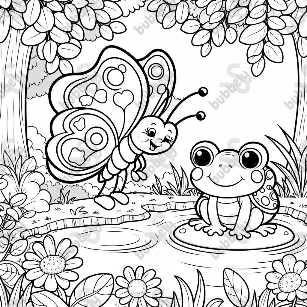 papillon près d'un étang avec des feuilles, des fleurs et une grenouille papillon près d'un étang avec des feuilles, des fleurs et une grenouille