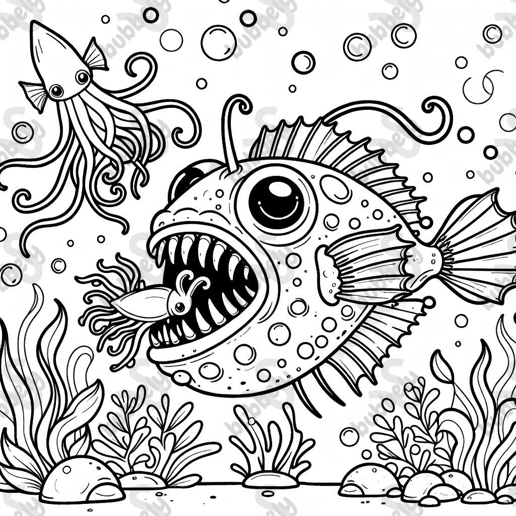 Einen tiefseeanglerfisch mit Kalmaren in seinem mund Einen tiefseeanglerfisch mit Kalmaren in seinem mund