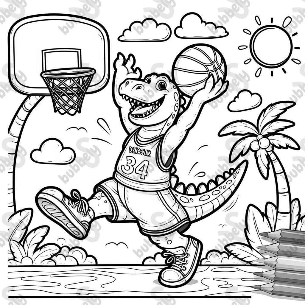 Dinosaur dunking with basketball uniform