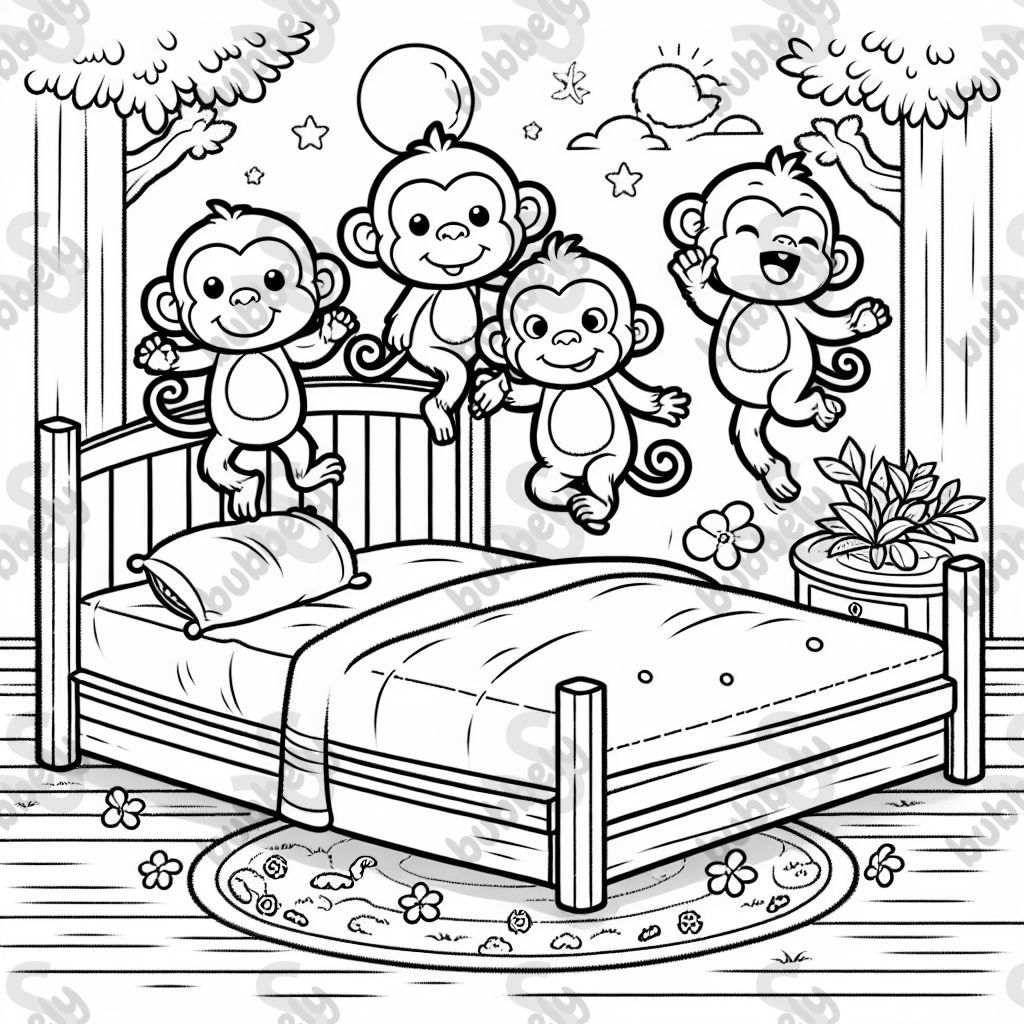 Fünf kleine Affen springen auf dem Bett