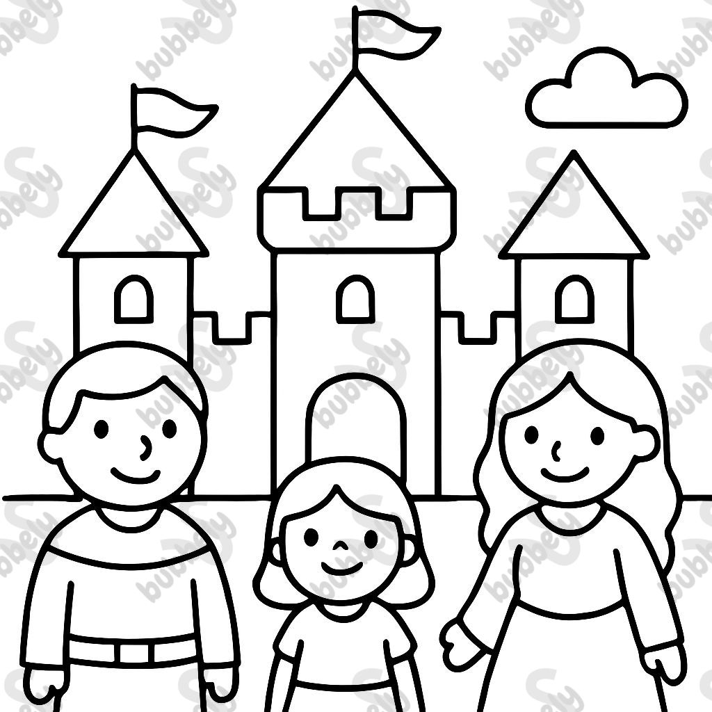 Burg mit einem kleinen Mädchen und zwei Erwachsenen, einem Mann und einer Frau. Burg mit einem kleinen Mädchen und zwei Erwachsenen, einem Mann und einer Frau.