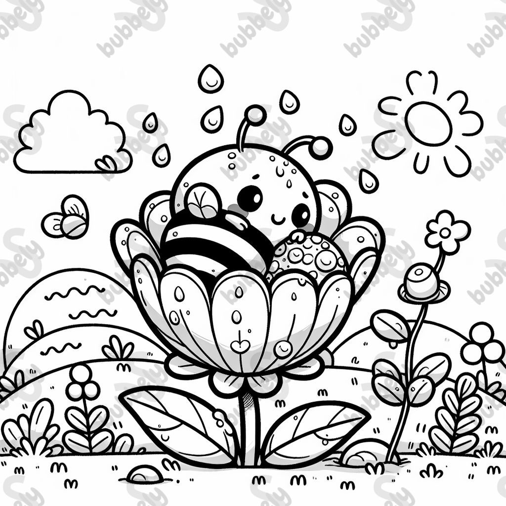 Ein Baby-Bienenbummler, das in einer feuchten Blume kuschelt. Ein Baby-Bienenbummler, das in einer feuchten Blume kuschelt.