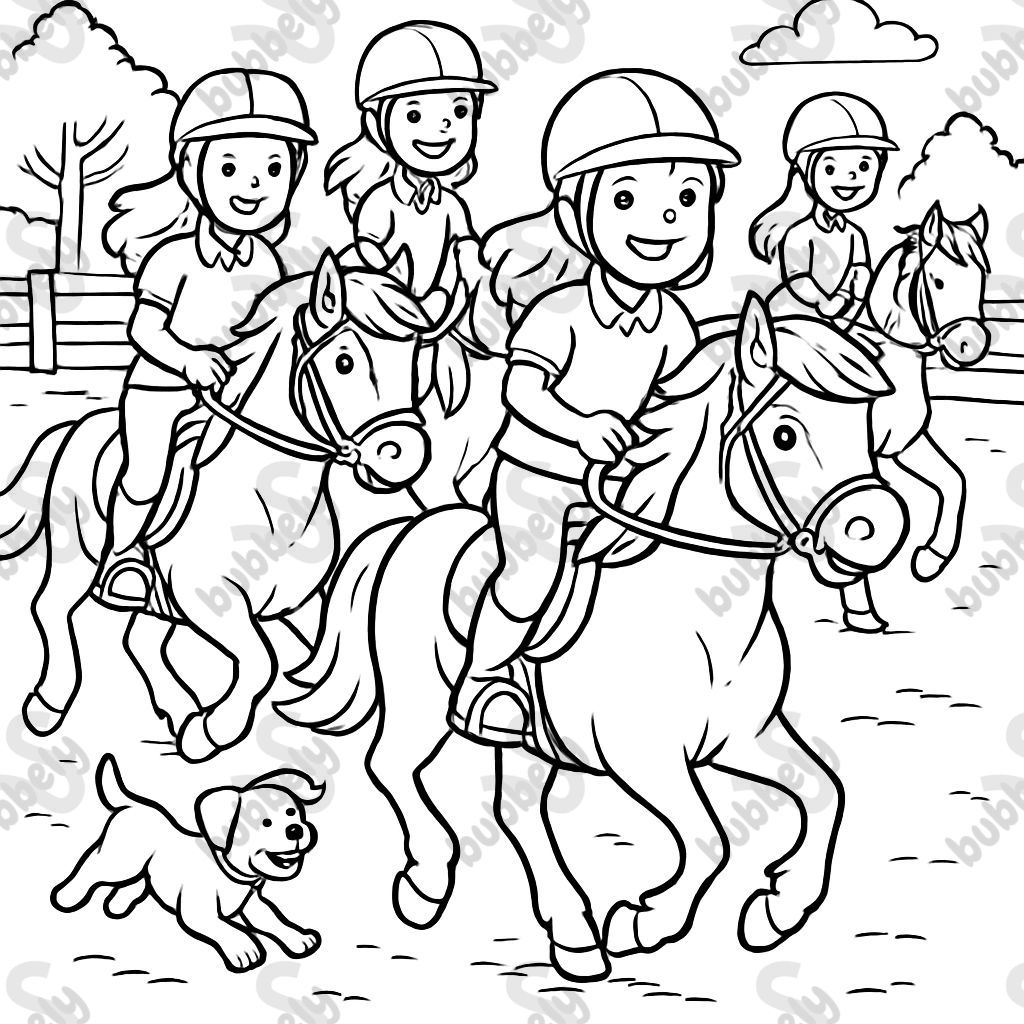 Four girls, wearing riding helmets, on four horses in a riding arena and two puppy dogs Four girls, wearing riding helmets, on four horses in a riding arena and two puppy dogs