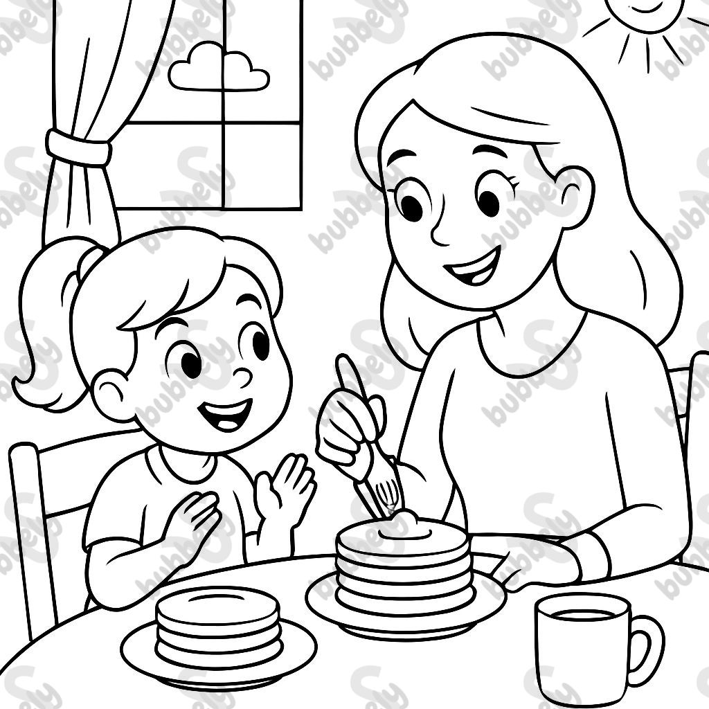 Petite fille et maman prenant des crêpes au petit-déjeuner Petite fille et maman prenant des crêpes au petit-déjeuner