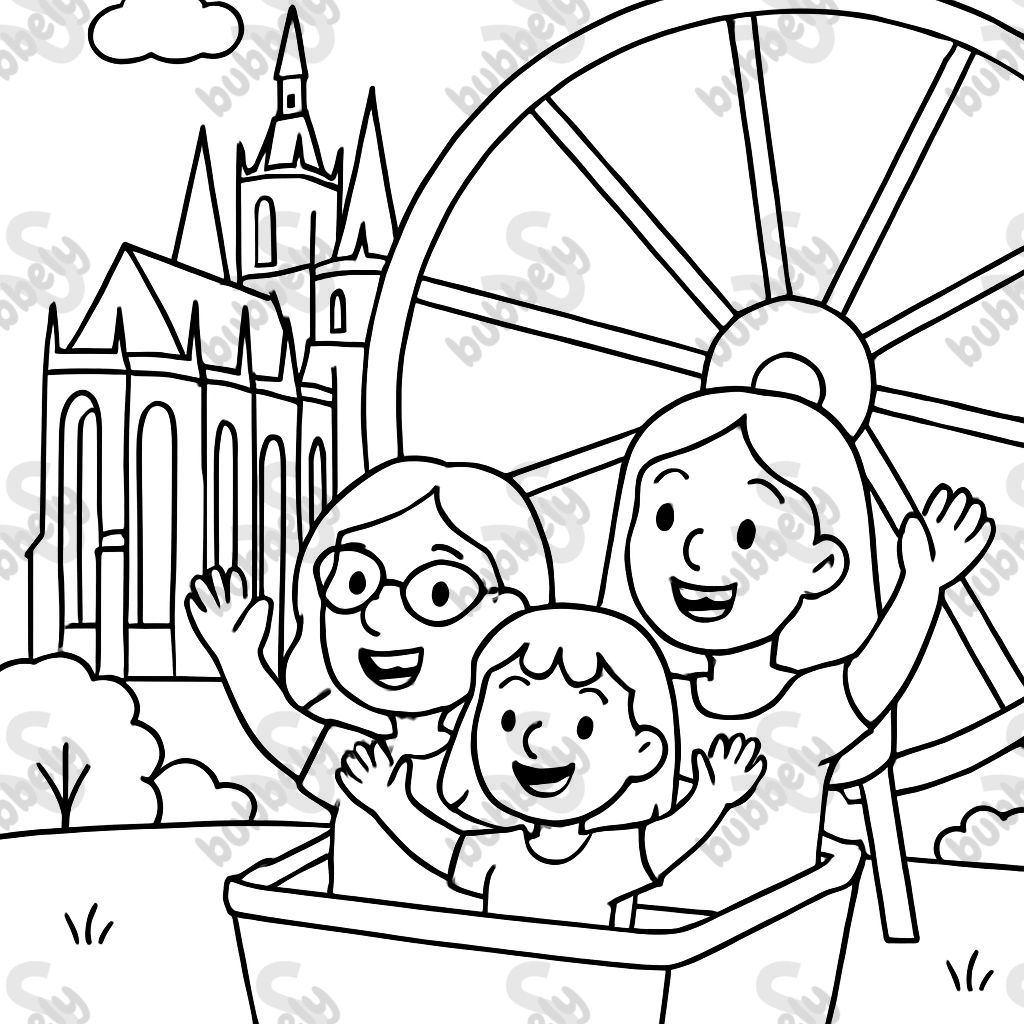 two women and a girl riding a Ferris wheel in front of Erfurt Cathedral two women and a girl riding a Ferris wheel in front of Erfurt Cathedral