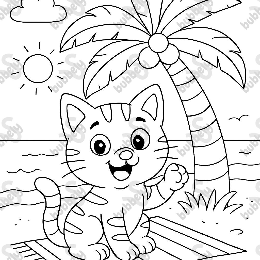 Eine getigerte Katze am Strand unter einer Palme auf einem Teppich Eine getigerte Katze am Strand unter einer Palme auf einem Teppich