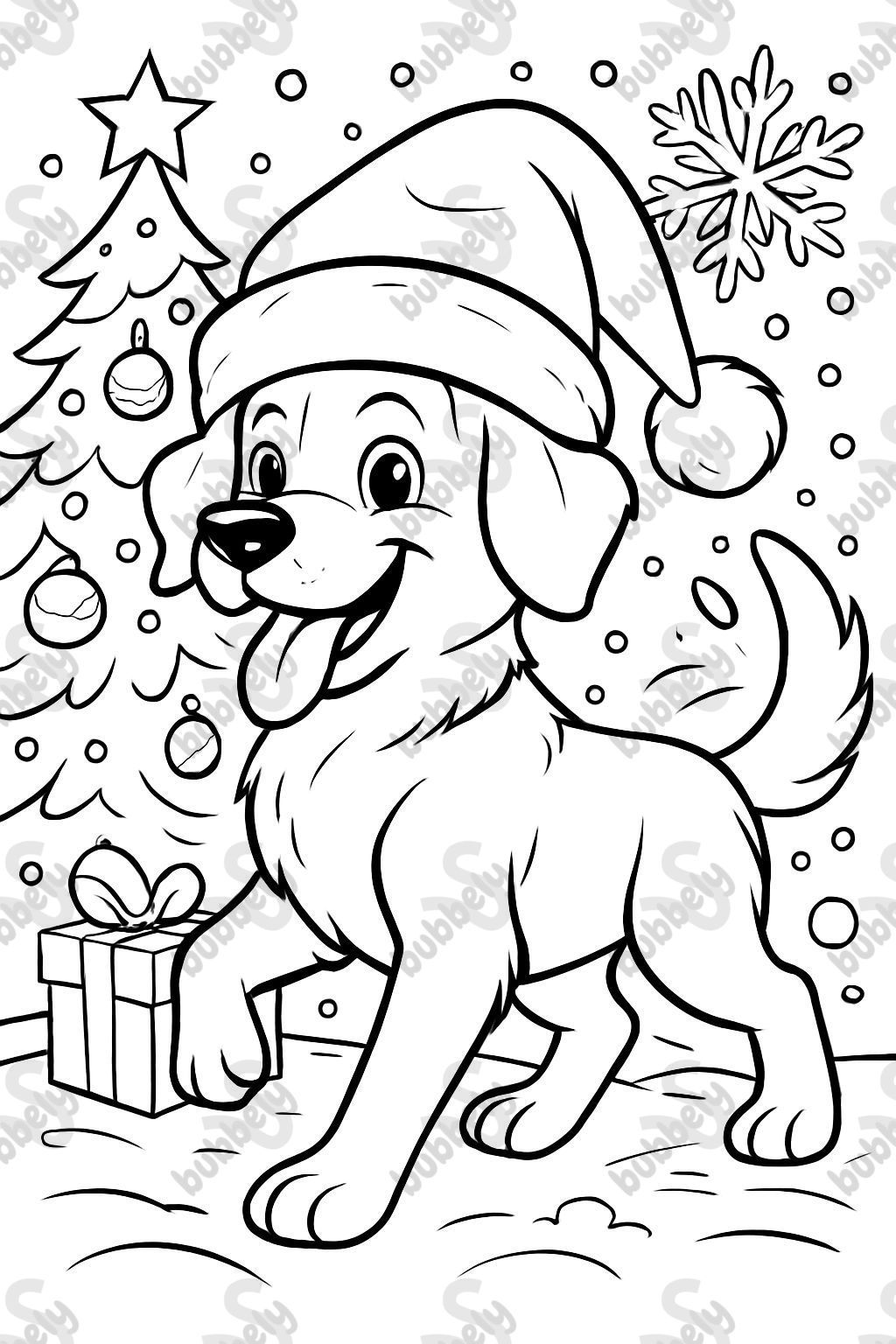 a Christmas coloring page with a dog wearing a Christmas hat. a Christmas coloring page with a dog wearing a Christmas hat.