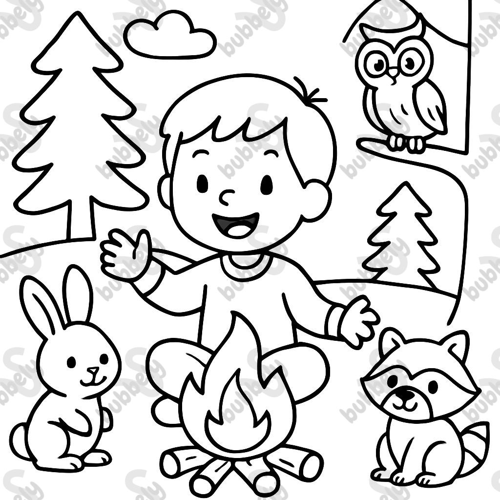 Un niño feliz con sus amigos del bosque alrededor de la fogata Un niño feliz con sus amigos del bosque alrededor de la fogata