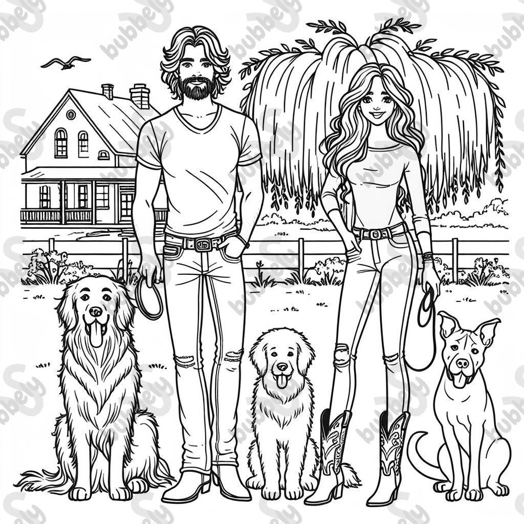 A man with no facial hair, shaggy brown curly hair, wearing a t-shirt, jeans, with cowboy boots under the jeans. A woman with long red brown hair with a light pink sweater with bell bottom jeans and cowboy boots under the jeans. with a big golden retriever dog and a big cane corso dog. Standing outside under a weeping willow tree in front of a house. A man with no facial hair, shaggy brown curly hair, wearing a t-shirt, jeans, with cowboy boots under the jeans. A woman with long red brown hair with a light pink sweater with bell bottom jeans and cowboy boots under the jeans. with a big golden retriever dog and a big cane corso dog. Standing outside under a weeping willow tree in front of a house.