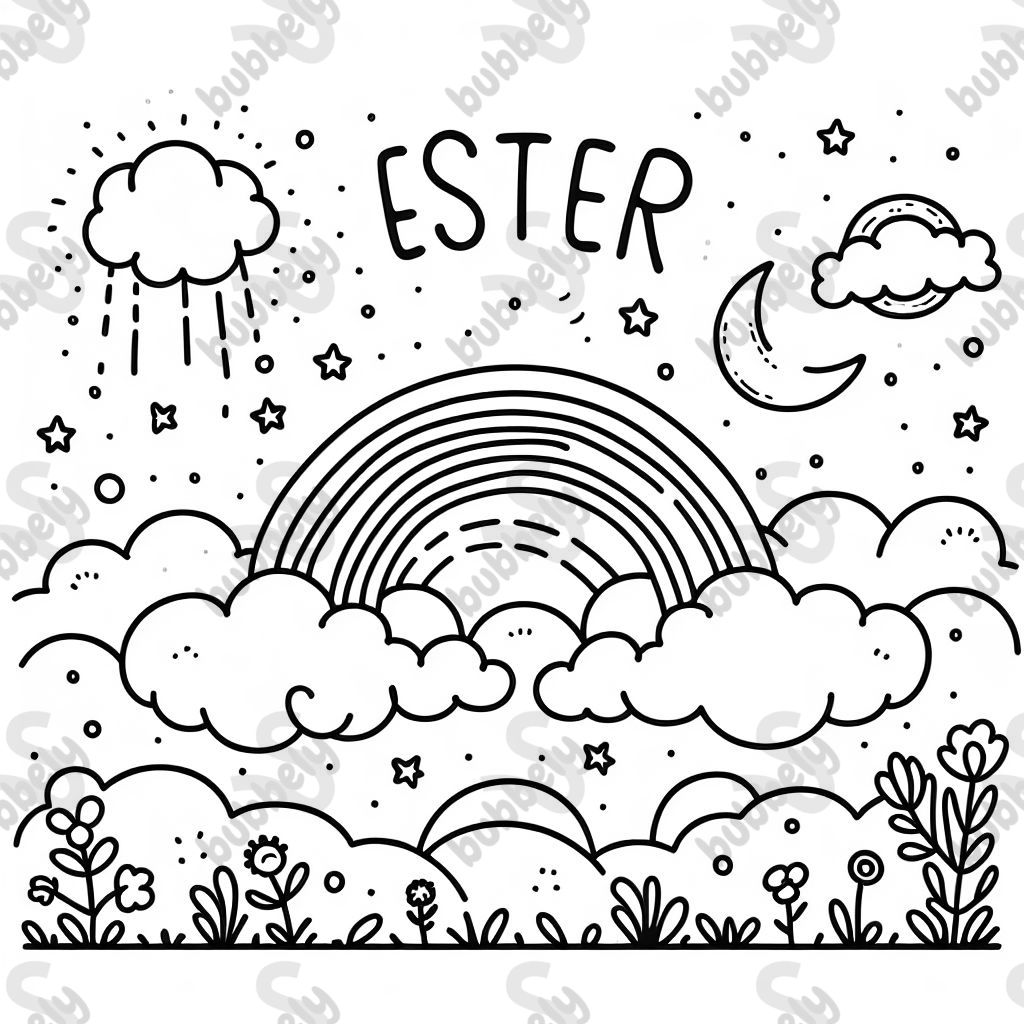 a rainbow, in the clouds. the word "Ester" written in the clouds.