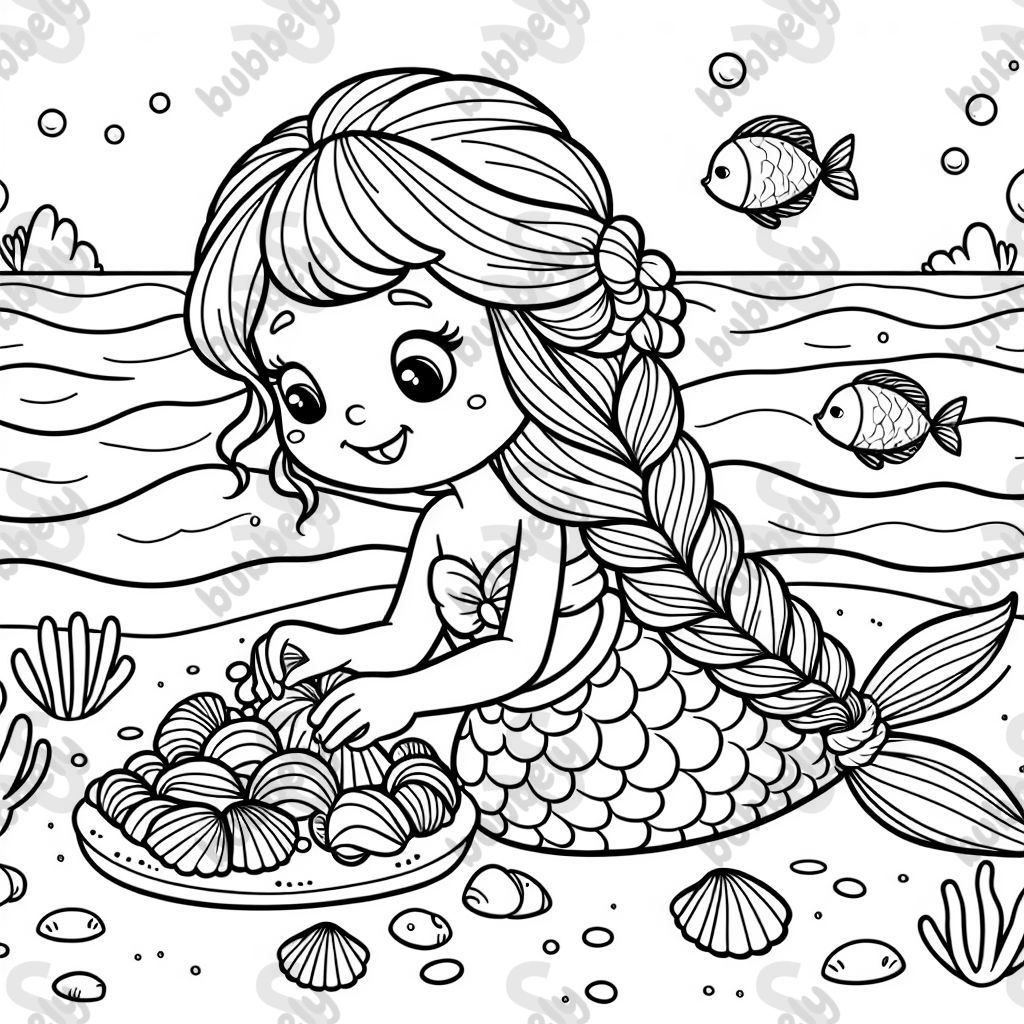 una sirena con trenza recogiendo conchas una sirena con trenza recogiendo conchas