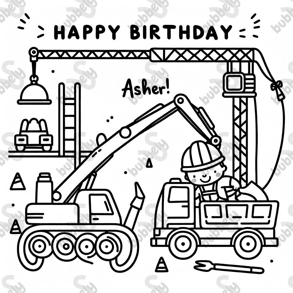 equipo de construcción con un mensaje que dice "¡Feliz Cumpleaños, Asher!" equipo de construcción con un mensaje que dice "¡Feliz Cumpleaños, Asher!"