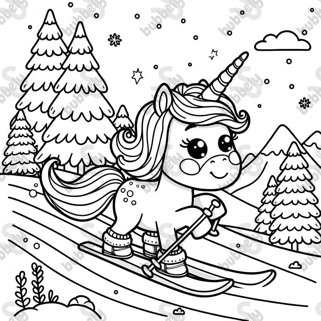 Une licorne qui ski dans la neige. Parfait pour que les enfants colorient. Une licorne qui ski dans la neige. Parfait pour que les enfants colorient.