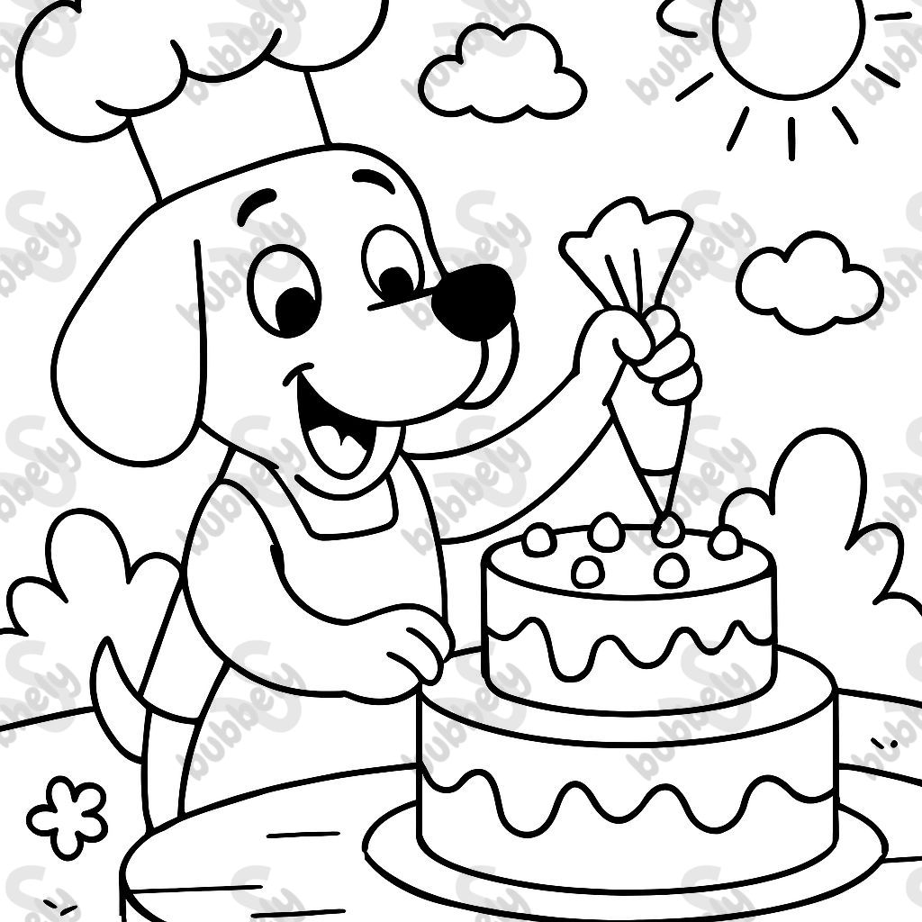 un perro con un sombrero de chef decorando un pastel de dos niveles un perro con un sombrero de chef decorando un pastel de dos niveles