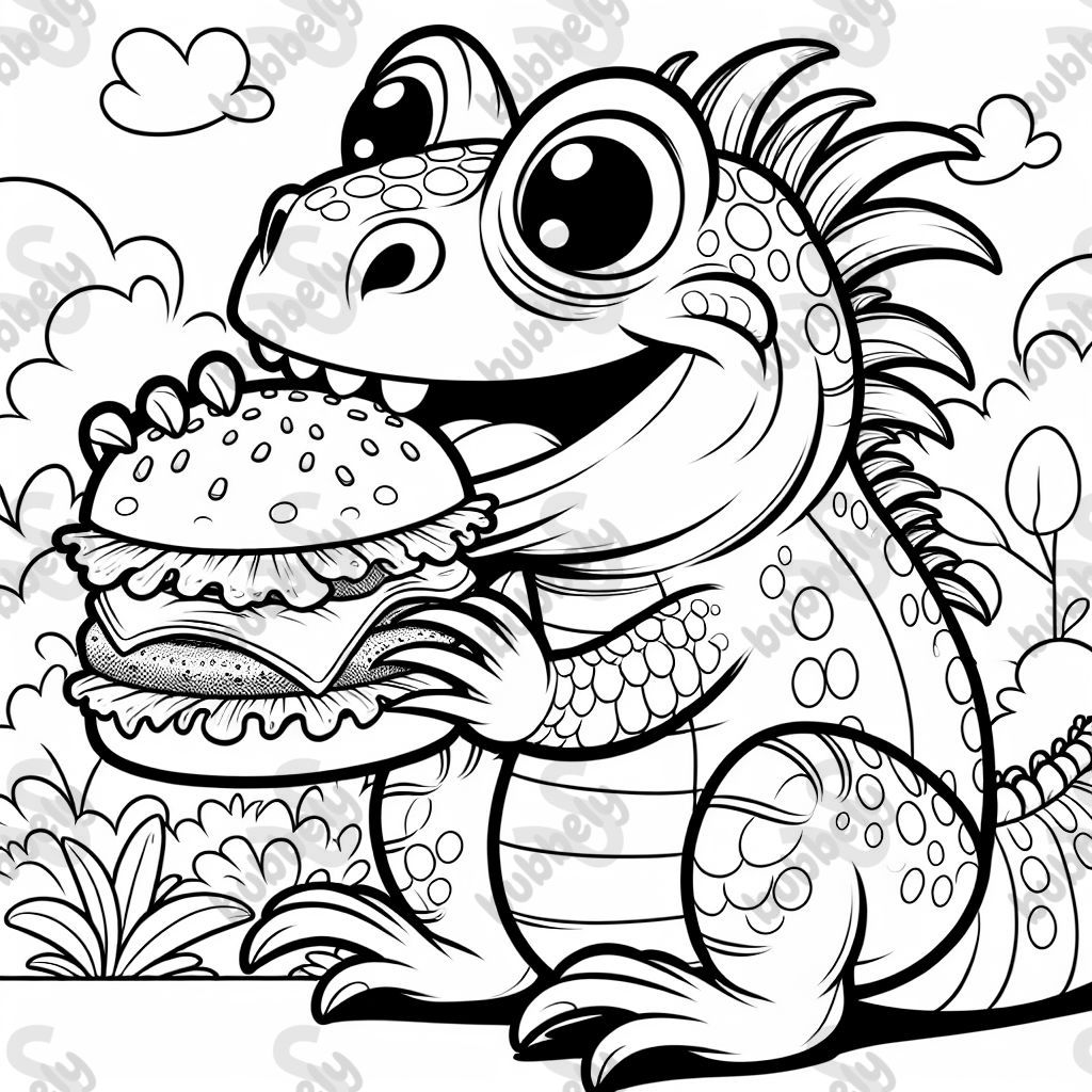 Iguana comiendo una hamburguesa con queso