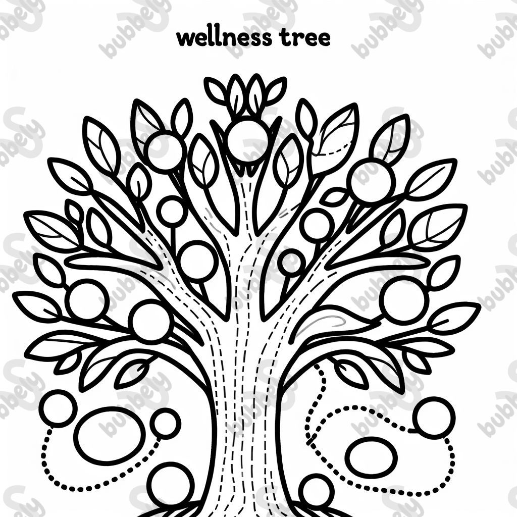 Ein Malblatt eines Baumes, den Kinder mit einem Wohlfühlbaum verbinden. Baumäste zu Punkten, die sie ausfüllen können in Bezug auf Herausforderungen, mit denen sie konfrontiert sind, und wo sie Unterstützung finden.