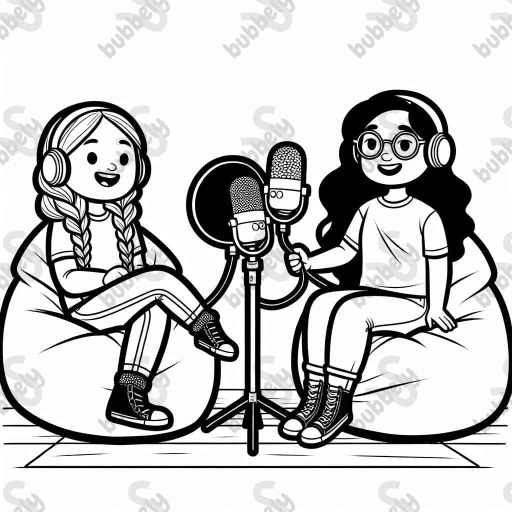 Two best friends, one with a braid and one with long hair and glasses recording a podcast, sat on bean bags with their own microphone. Two best friends, one with a braid and one with long hair and glasses recording a podcast, sat on bean bags with their own microphone.