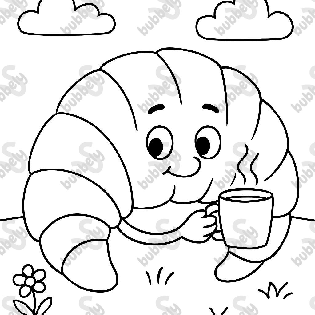 Un croissant avec sept segments buvant un café Un croissant avec sept segments buvant un café