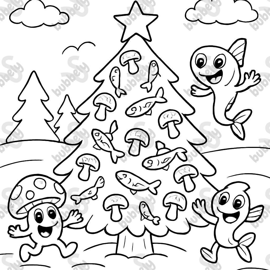 A christmas tree decorated with anchovies and mushrooms. A christmas tree decorated with anchovies and mushrooms.