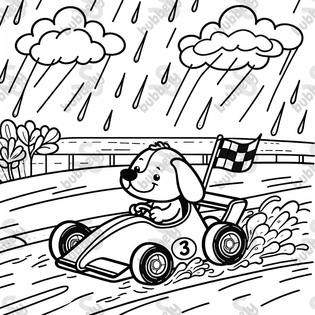 chien conduisant une voiture de course sur un circuit de course sous la pluie chien conduisant une voiture de course sur un circuit de course sous la pluie