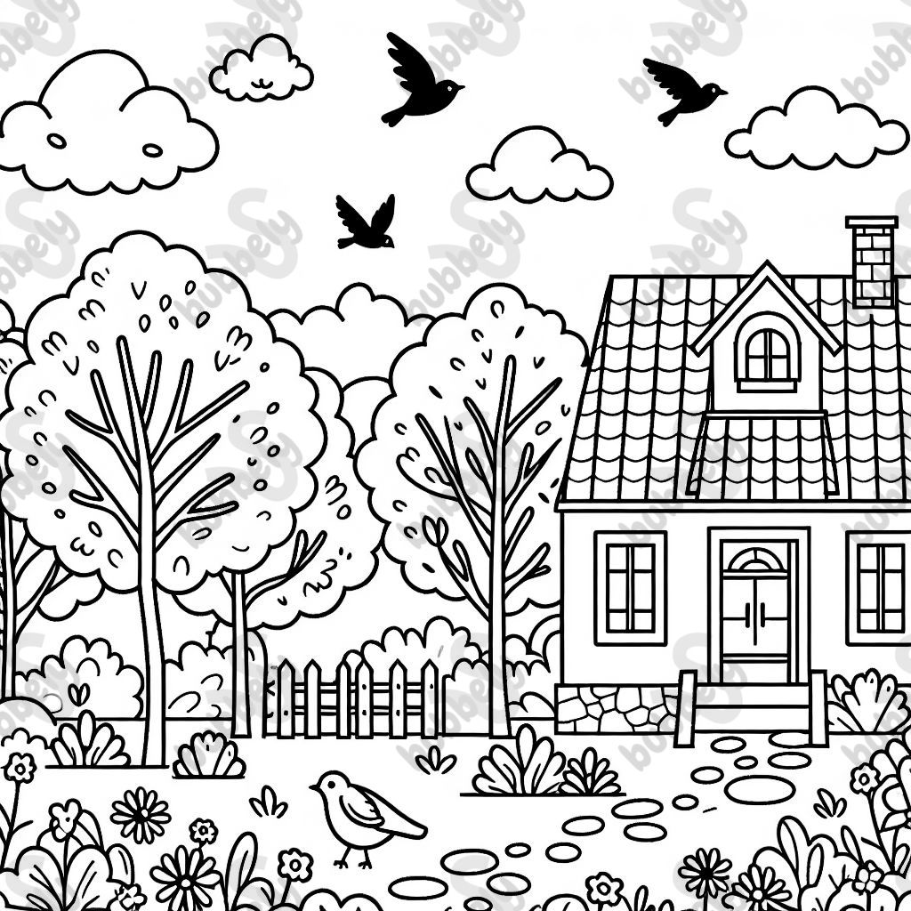 página para colorear simple de líneas negras gruesas. exterior, árboles, edificio, pájaros página para colorear simple de líneas negras gruesas. exterior, árboles, edificio, pájaros