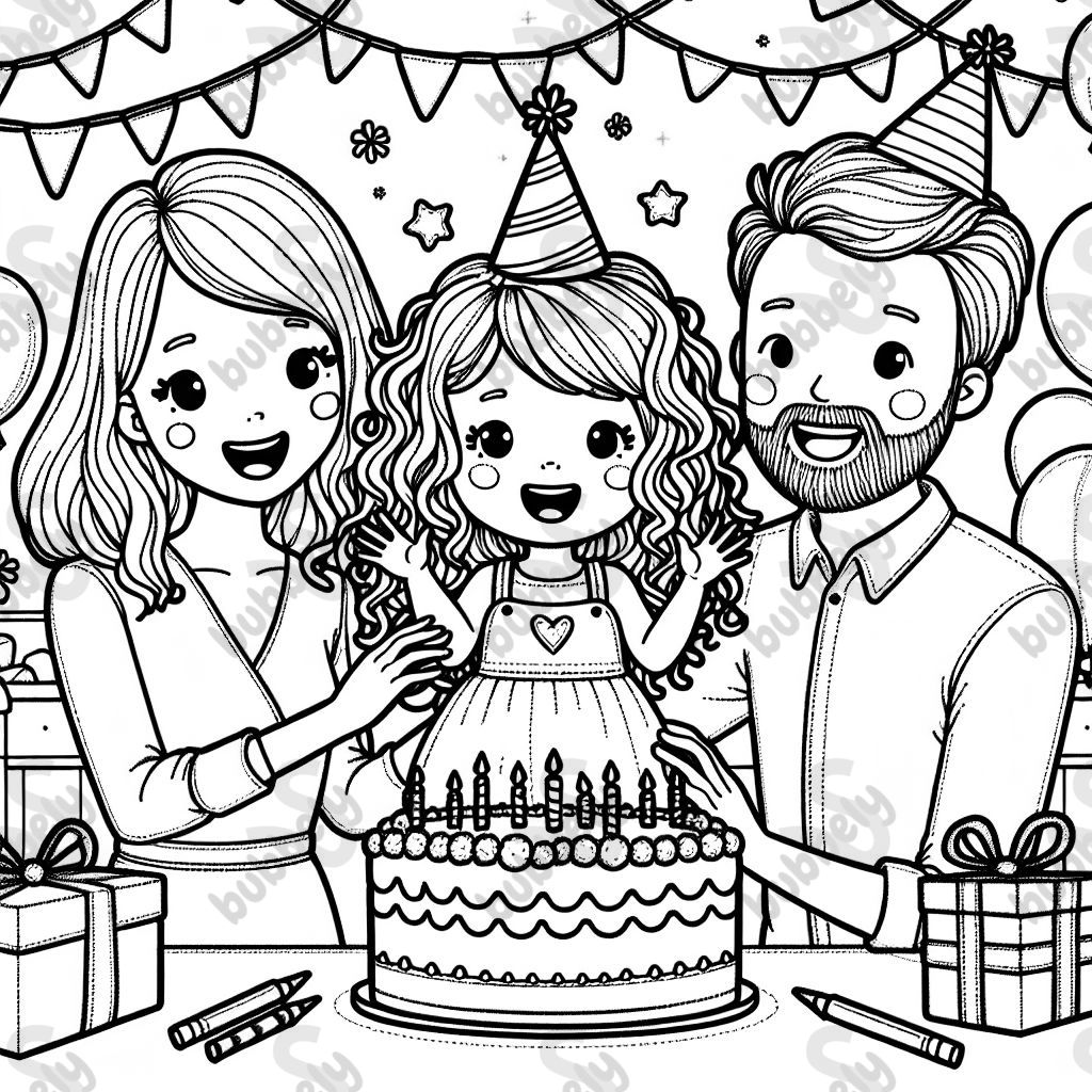 Geburtstagsfeier eines überglücklichen vierjährigen Mädchens mit lockigem Haar, umringt von ihrer wunderschönen Mutter mit schulterlangem welligen Haar und ihrem Vater mit kurzem grauen Haar und Dreitagebart. Geburtstagsfeier eines überglücklichen vierjährigen Mädchens mit lockigem Haar, umringt von ihrer wunderschönen Mutter mit schulterlangem welligen Haar und ihrem Vater mit kurzem grauen Haar und Dreitagebart.